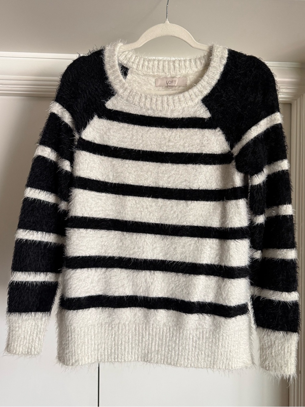 LOFT Black & White Fuzzy Striped Crewneck Sweater